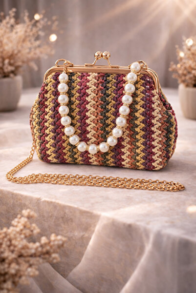 Özkayalargroup Pearl Handle Straw Handbag and Chain Crossbody Shoulder Bag