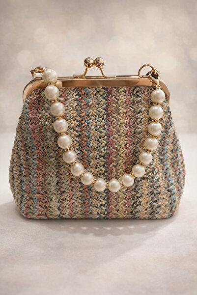 Özkayalargroup Pearl Handle Straw Handbag and Chain Crossbody Shoulder Bag