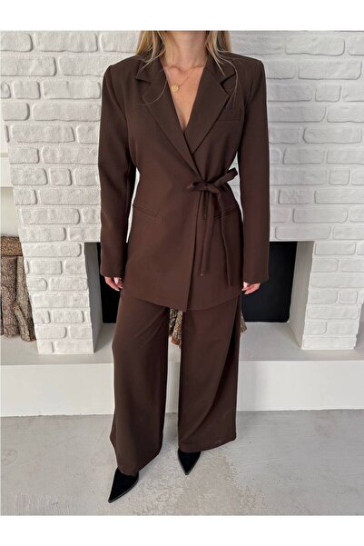 solena sln Women's Side-Tie Double Belted Blazer Jacket and Trousers Set Brown