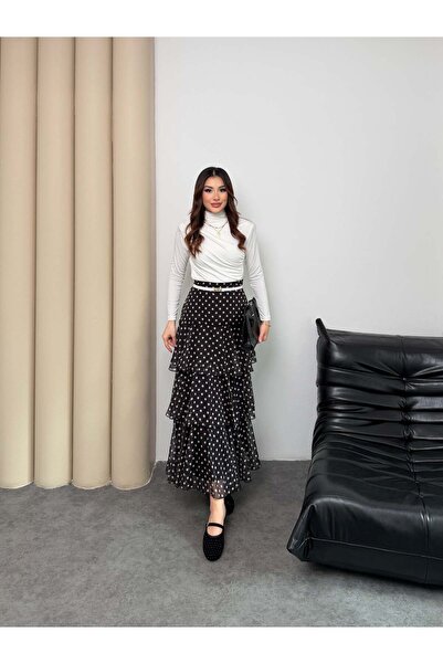 Hatun Atila Black Lined Polka Dot Layered Ruffled Chiffon Maxi Skirt 5295