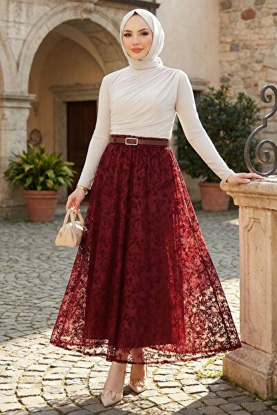 hafsamina Lined Belted Floral Patterned Tulle Skirt Burgundy Hm2877