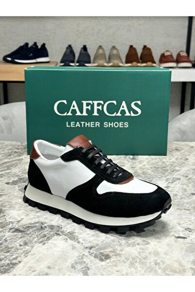 Caffcas Genuine Leather Black and White Combination Handmade Casual Sports Me...