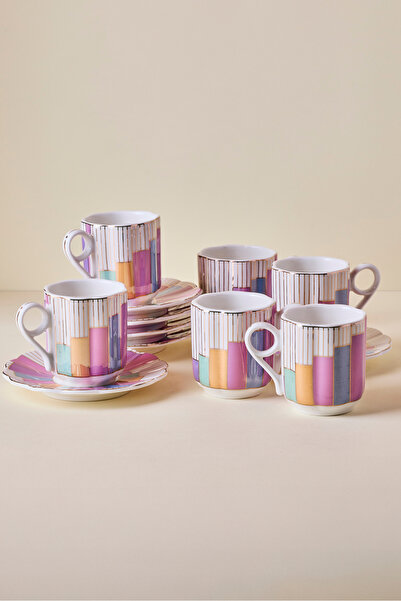 Perotti Antik 12 Parça 6 Kişilik Renkli Otantik Porselen Kahve Fincanı Takımı