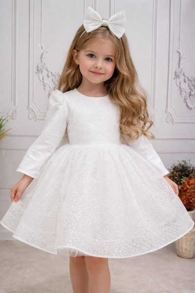 ELLUSSİ Beyaz Parıltılı Desenli Kabarık Elbise