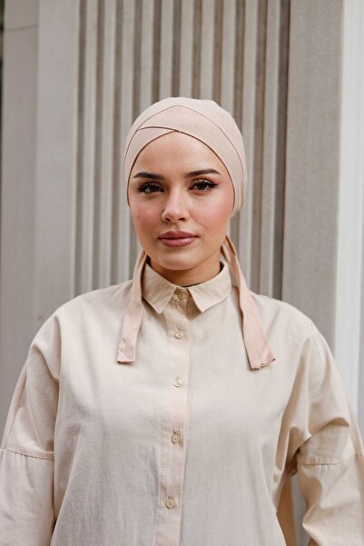 ipekistanbul Çapraz Kurdele Topuzlu Bone - Özel Üretim - Geniş Kalıp - Vizon