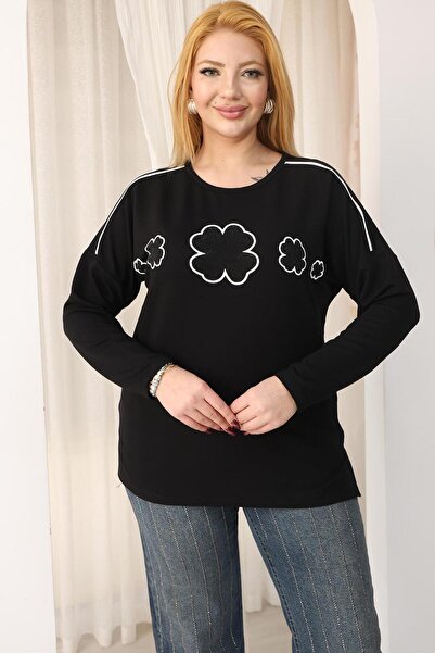 Siyezen Plus Size Floral Detailed Modal Fabric Blouse