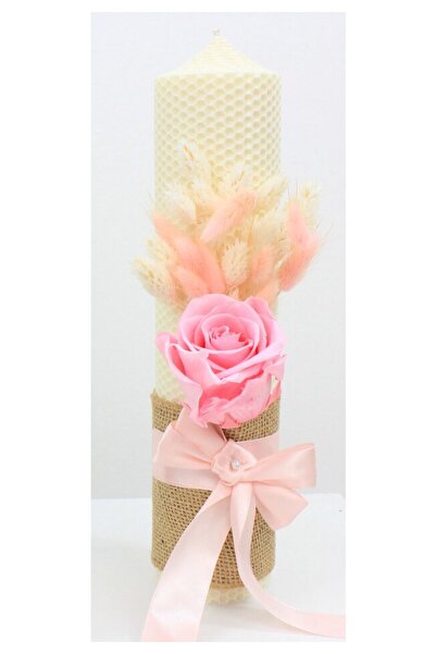 PRICHINDEL Lumânare de botez, tip fagure, ceară de albine, cu trandafir, crem...