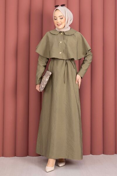 EBRUTESETTÜR Minimal Cape Detailed Lace-Up Dress Khaki