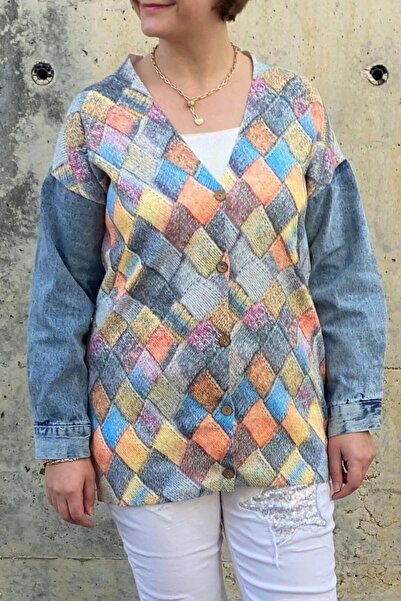 Mia Butik Plus Size Colorful Diamond Patterned Cardigan