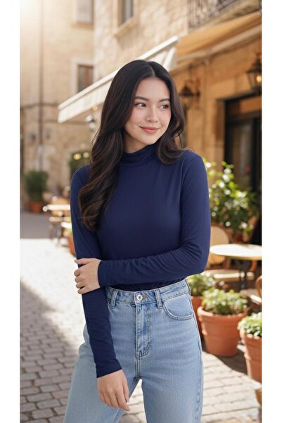 THEBEK Women's High-Necked Badi Super Quality Turtleneck in Navy Blue