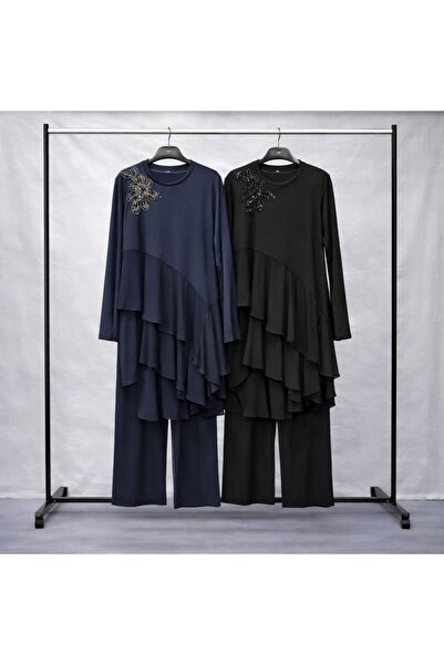 Nurcan Çetin Omuz Taş Detaylı Katmanlı Tunik Pantolon Takım – Büyük Beden Şık...