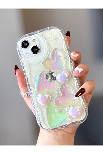 MİRAZ TASARIM iPhone 15 3D Epoxy Heart Transparent Case