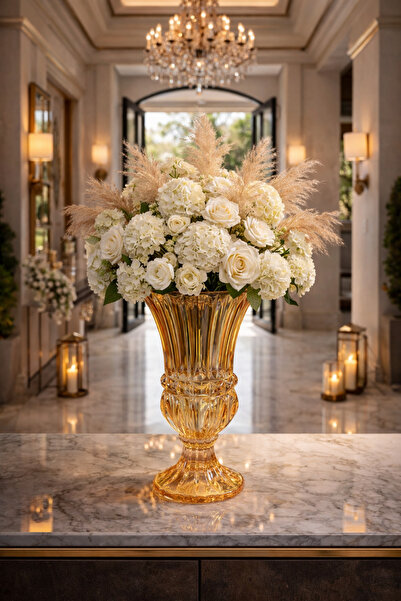 COCEM 28 CM Amber Kristal Vazo Büyük Boy Cam Çiçeklik Lüks Salon Dekoratif Ma...