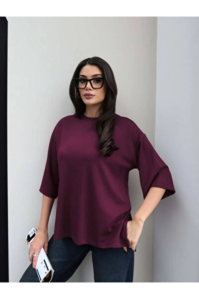 cemo Kadın Oversize Yarım Kol Bisiklet Yaka Yan Yırtmaçlı Basic Tişört