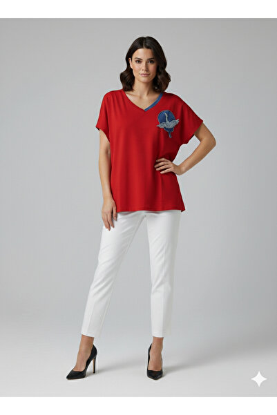 Vedi V Yaka Boncuk İşlemeli T-shirt 7043