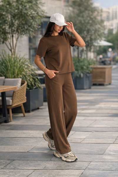 ASELONTEKSTİL Women's Modal Top/Bottom Set Short Sleeve T-Shirt Wide Leg Sweatpants Wide Leg Model