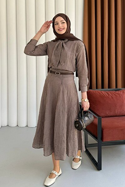 Modaensarbutik Ekose Kumaş Fular Yaka Etekli Tesettür Takım-KAHVERENGİ
