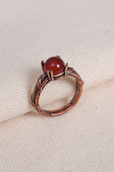 Süspüs Accessories Adjustable Copper Ring with Carnelian Stone and Nail Design