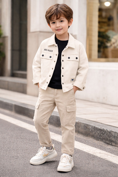 Nehad Bebe Boy's 3-Piece Set: Beige Suede Jacket, Black Basic T-Shirt and Car...