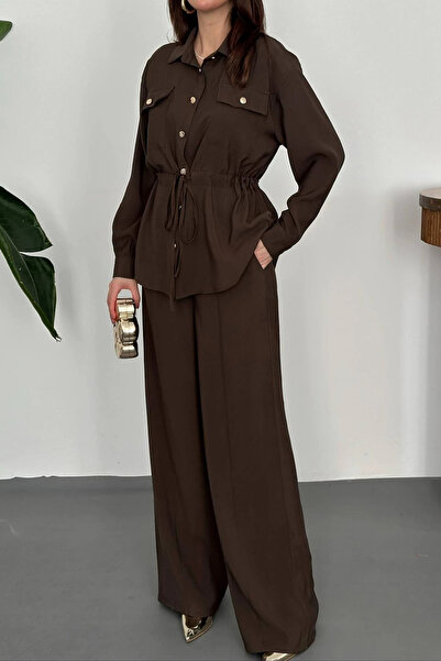 cemo Kadın Bel Büzgülü Düğmeli Gömlek ve Bol Paça Pantolon Takım