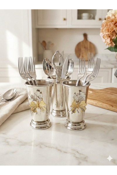 Zoe Home 3-Piece Luxury Silver-Plated Butterfly Cutlery Holder - 3-Compartmen...