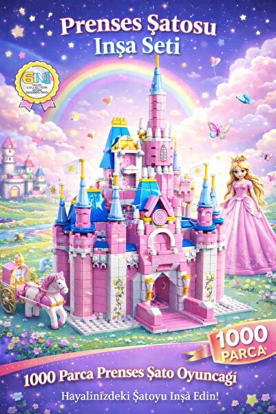 Aksoy Toys 1000 Parça Prenses Şatosu Yapım Seti – 6’sı 1 Arada Renkli Blok Ka...