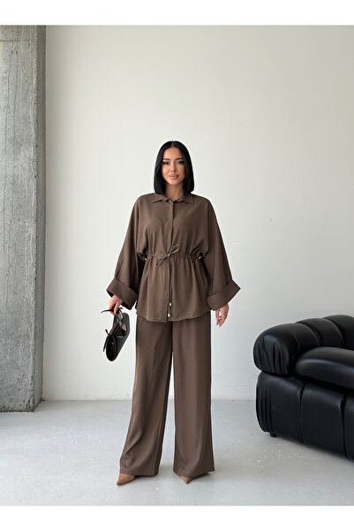 Eztila طقم قميص بتفاصيل مربوطة عند الخصر وتفاصيل مطاطية في الأسفل