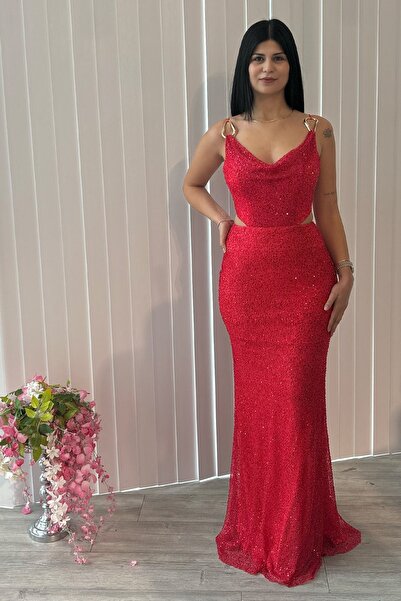 Always Dress Mercan rengi payet elbise