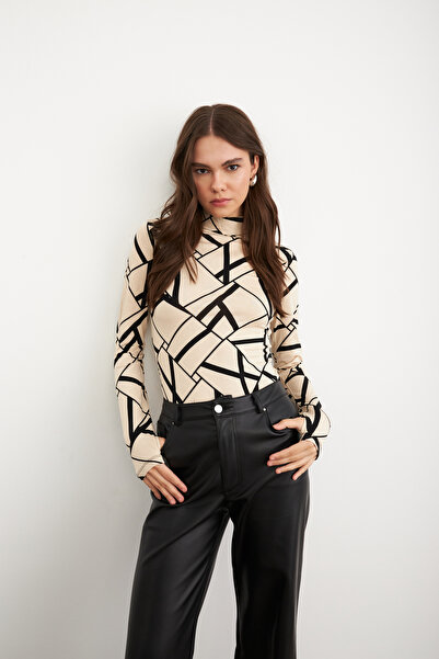 Yefrastore Women's Cream Stripe Transition Finger Detail Body Suit