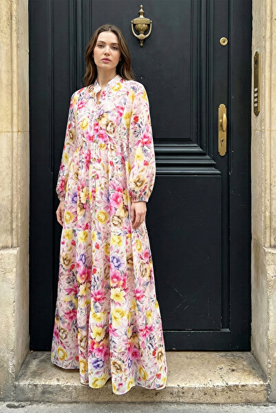 MODAQU Floral Pattern Half-Buttoned Segmented Viscose Dress -Yellow