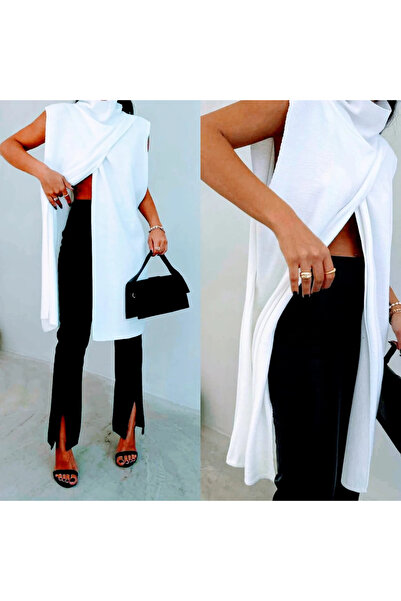 Mad Diva Long white knitted vest, Keira