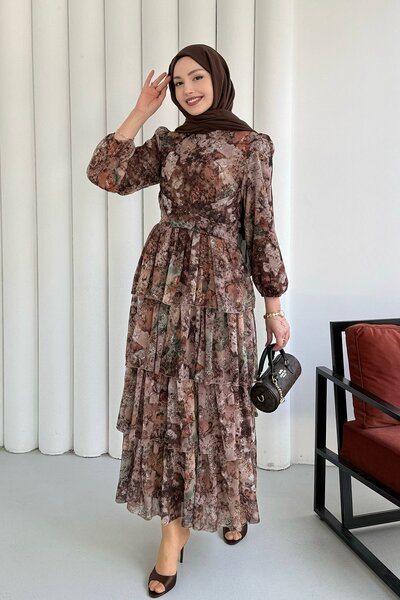 Modaensarbutik Kat Katlı Çiçek Desenli Şifon Tesettür Elbise-KAHVERENGİ