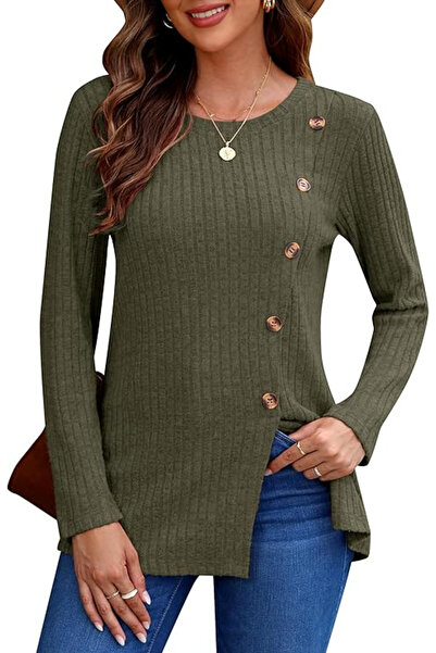 AUSELILY Elegant, casual blouse for women, long sleeves, round neckline, gree...