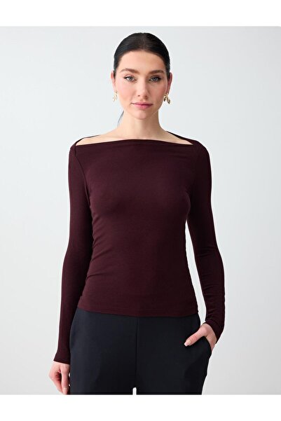 Jimmy Key Burgundy Boat Neck Long Sleeve Knitted Blouse
