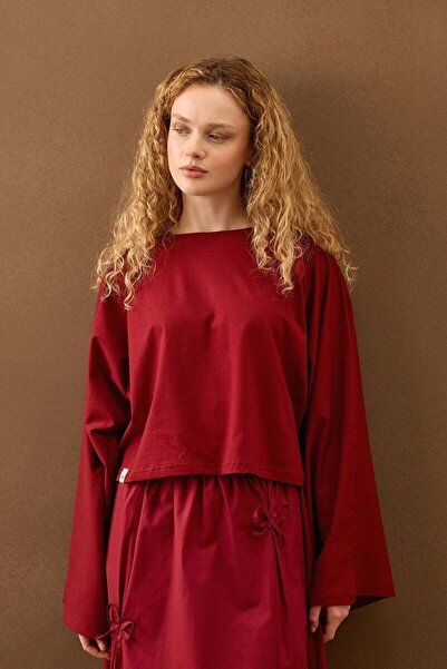 Ceylan Otantik Burgundy Single Jersey Bat Sleeve Crop