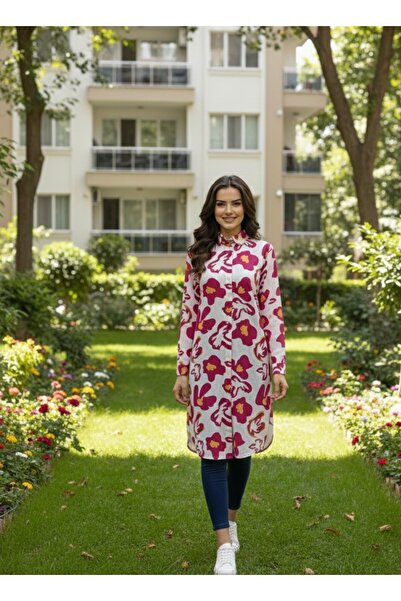 Polologin Butik Large Floral Patterned Buttoned Tunic - White/Fuchsia