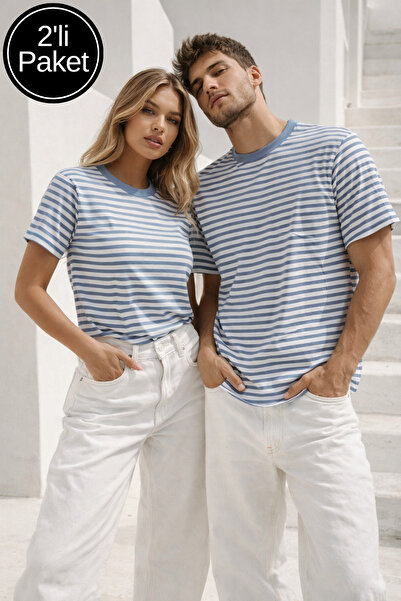 Rich 2-Pack Striped Blue and White Lover Couple Combination Cotton T-Shirts -...
