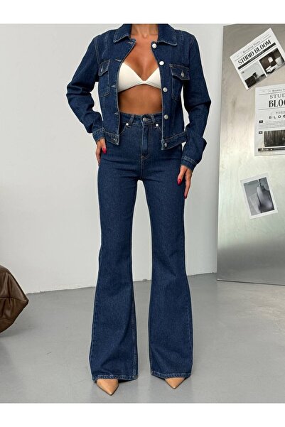 HerTon Women's Denim Set – High-Waisted Spanish Flare Pants & Cropped Jean Ja...