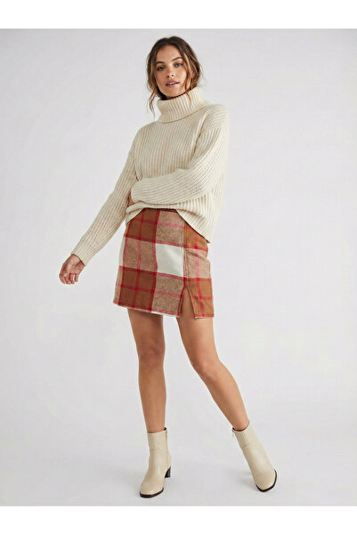 NEW JOURNAL Women's Camel-Red Plaid Patterned Cashmere Mini Skirt Nj63