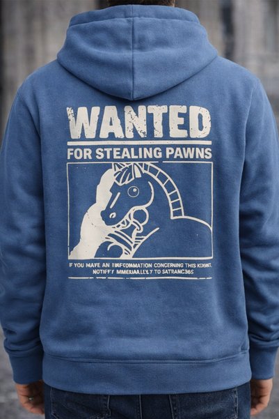 satranc365 Satranç Aranıyor "Wanted" Tasarımlı Mavi Çocuk & Yetişkin Hoodie - Kapüşonlu Sweatshirt