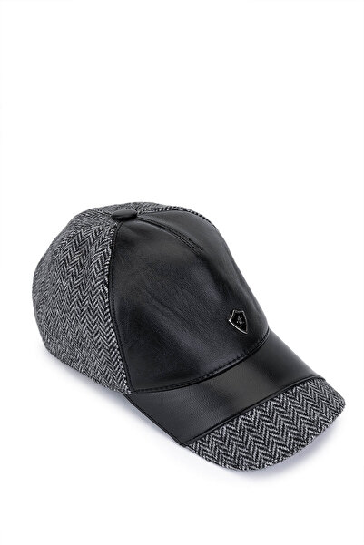 Tamer Tanca Ανδρικό δερμάτινο και υφασμάτινο καπέλο μπέιζμπολ σε μαύρο/γκρι χ...