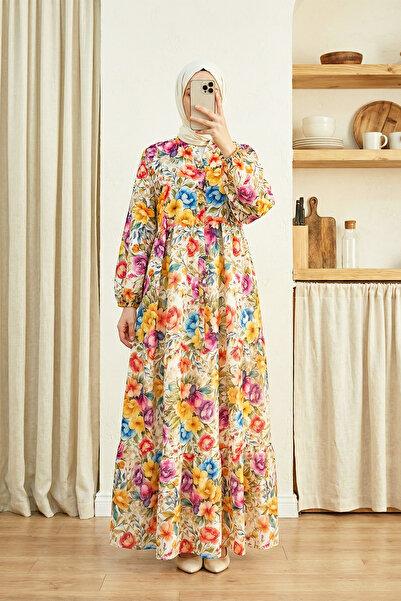 MODAQU Floral Pattern Half-Buttoned Segmented Viscose Dress -Orange