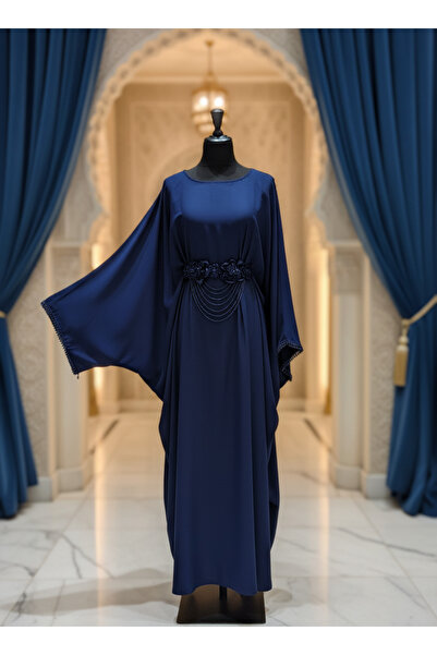 SEEKING2001 Elegant abaya with a wide cape cut and a pink Belt adorned with p...