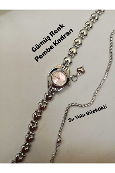 Brality Minimal Model PEMBE Renk Kadran- Kalp Charmlı Gümüş Renk Kordon Kadın...