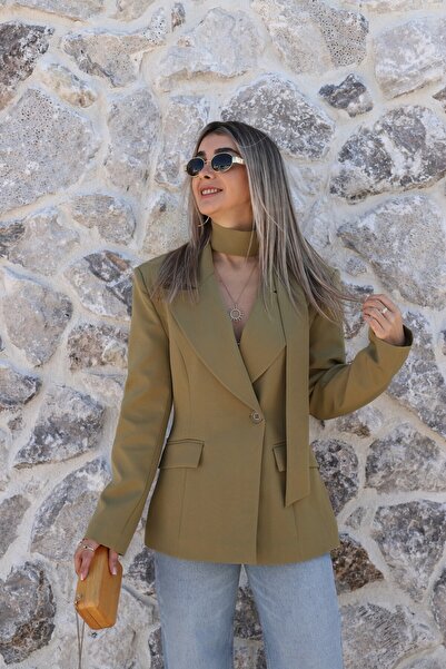 bytugcekaya Pistachio Green Scarf Single Button Blazer Jacket