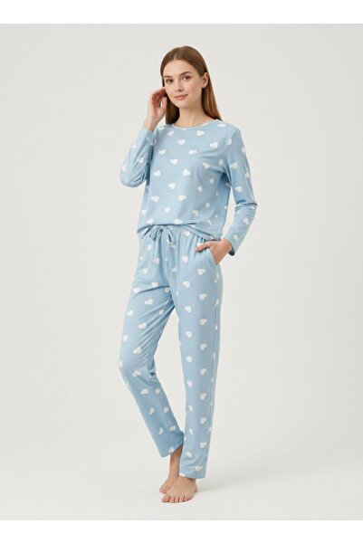 Zeravie Butik Kadın Kalp Desenli Pamuklu Uzun Kollu Mevsimlik Pijama Takımı -...