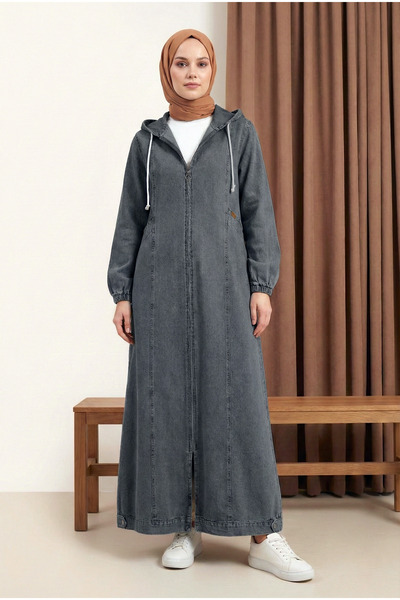 MODAQU Zippered Hooded Pocket Denim Coat - Smoked