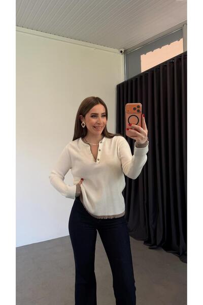 elif teke Wavi V Detailed Knitwear Sweater Ecru