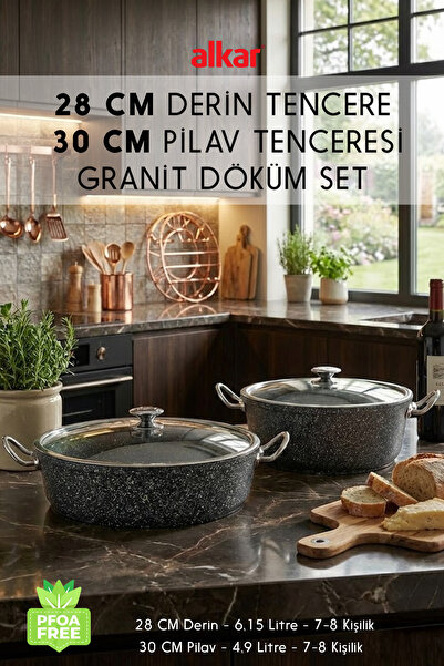 FİTHOME 30 Cm Pilav Karnıyarık ve 28 Cm Derin Granit Döküm Tencere Seti – Fır...