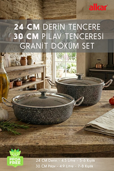 FİTHOME 24 Cm Derin & 30 Cm Pilav Karnıyarık Granit Döküm Tencere Seti Fırına...